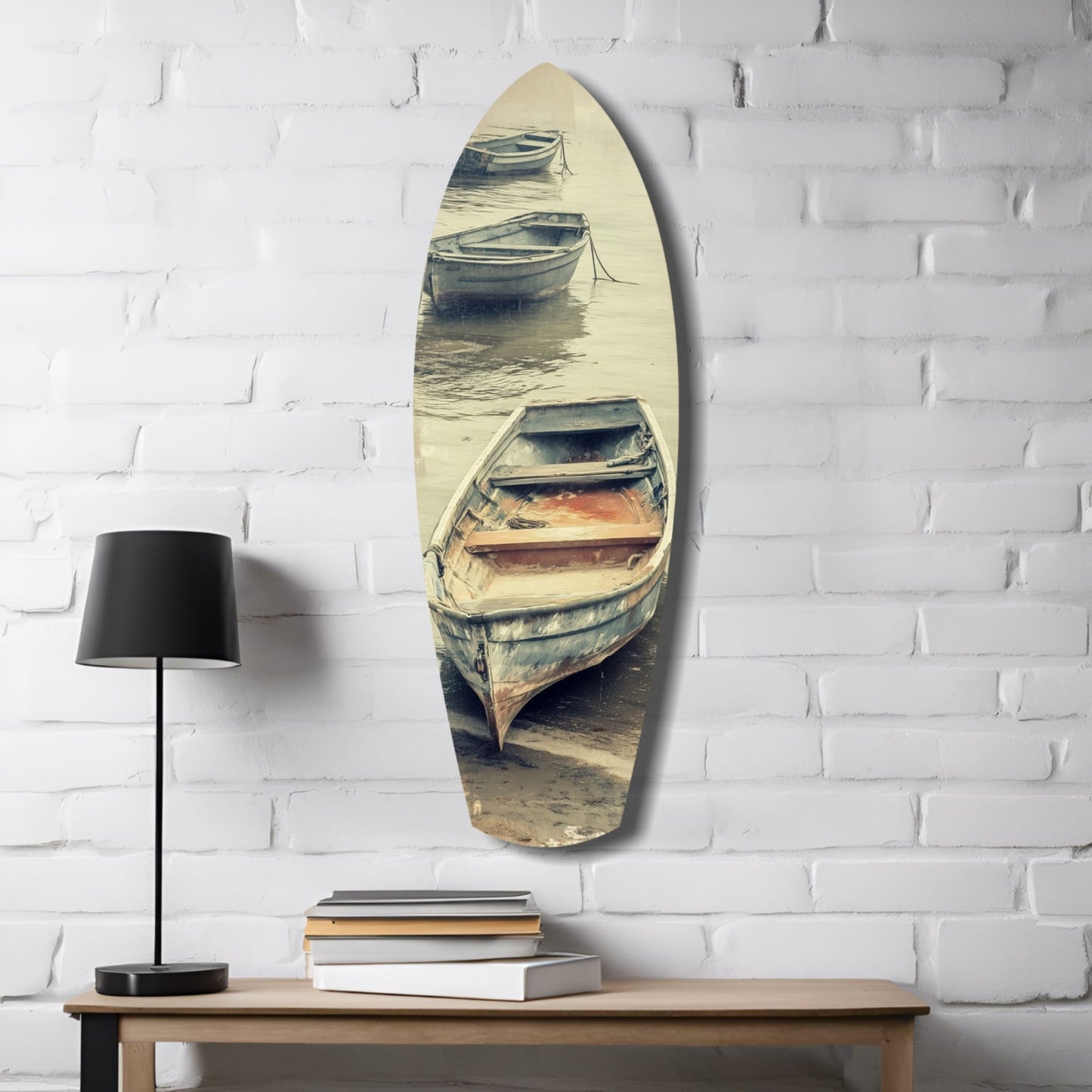 Moored Rowboats on Misty Shore Glass Wall Art