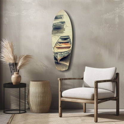 Moored Rowboats on Misty Shore Glass Wall Art