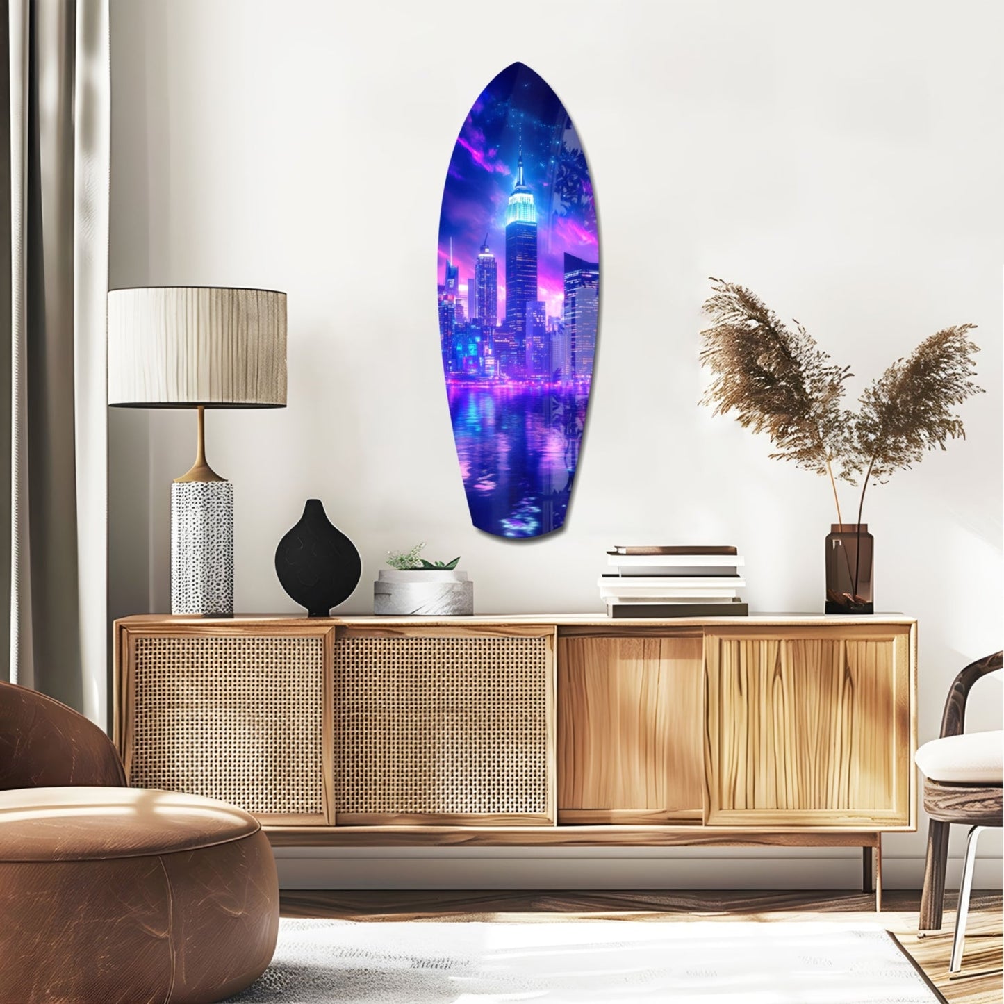 Neon Purple Skyline Night Reflection Glass Wall Art