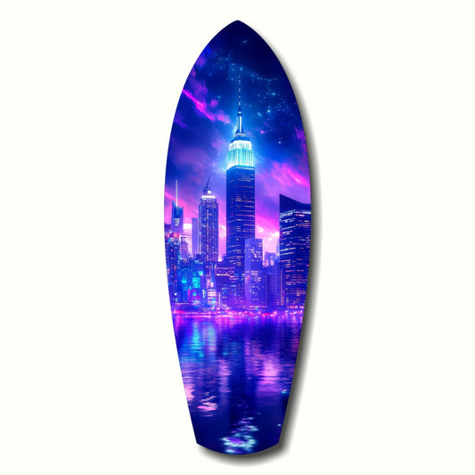 Neon cityscape glass art depicting illuminated skyscrapers reflected in purple and blue water against a starry night sky.
