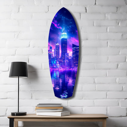 Neon Purple Skyline Night Reflection Glass Wall Art