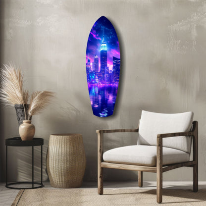 Neon Purple Skyline Night Reflection Glass Wall Art
