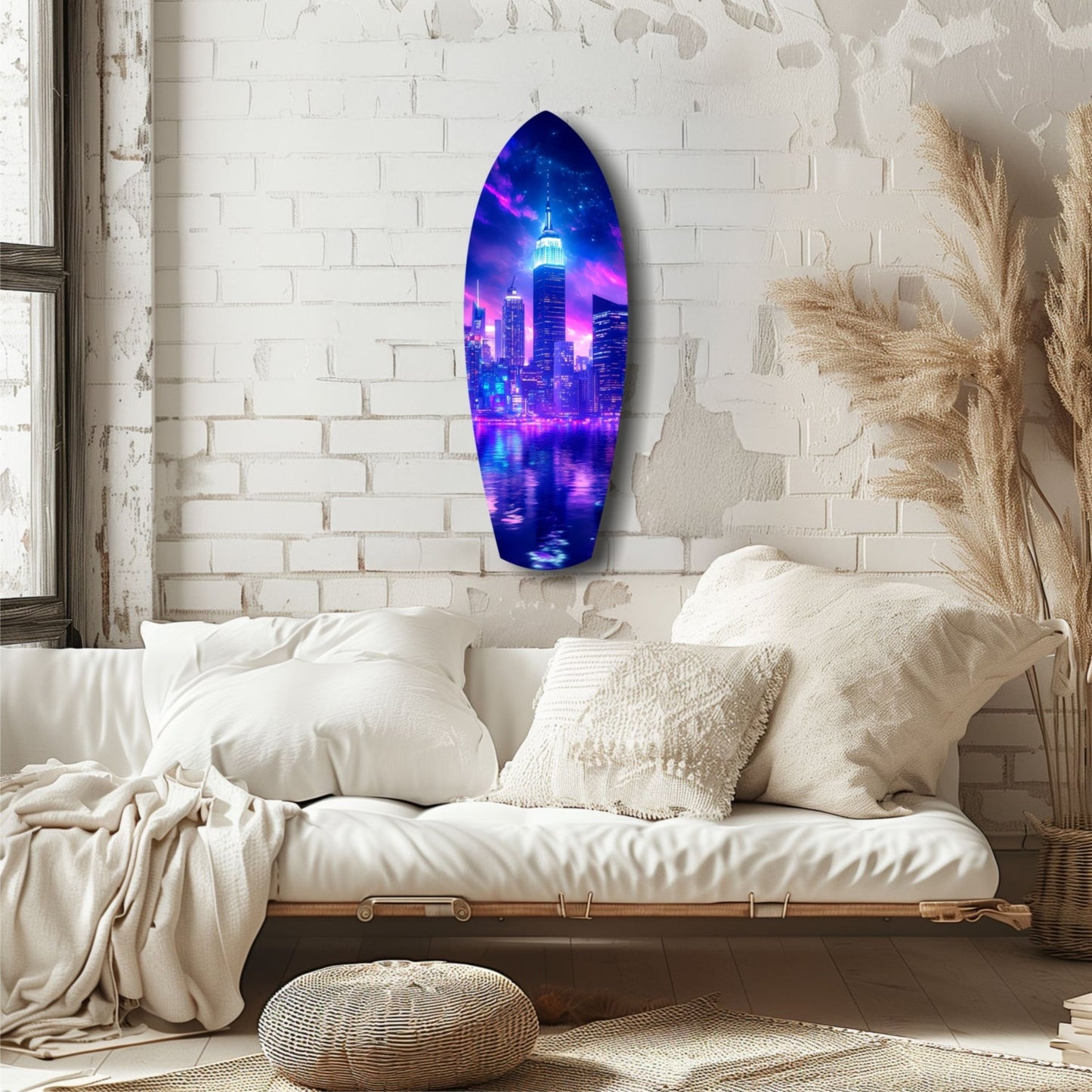 Neon Purple Skyline Night Reflection Glass Wall Art