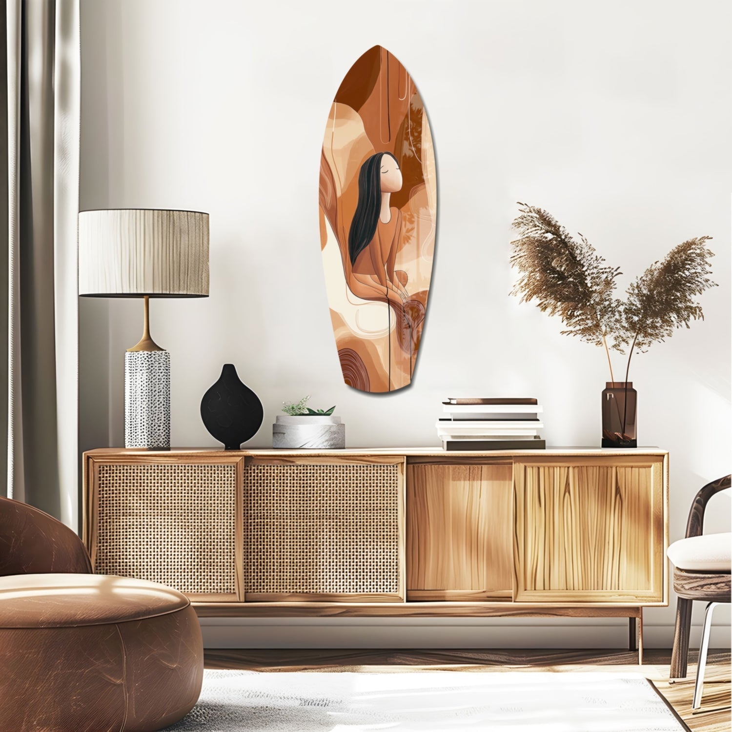 Modern living room featuring oval glass wall art with brown and cream tones depicting a woman's profile among abstract shapes.
