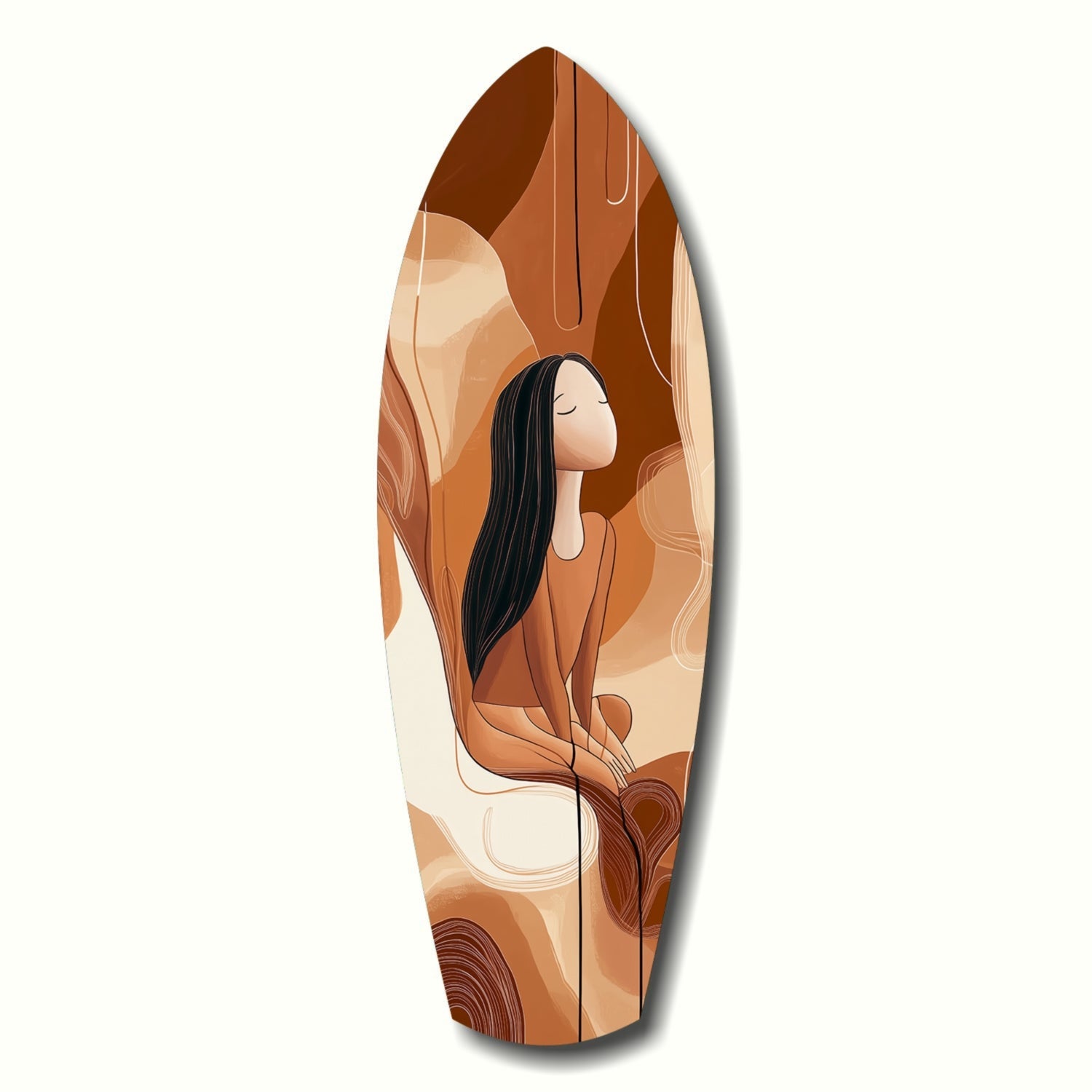 Surfboard-shaped glass art featuring a woman with long black hair in an orange contemplative pose against warm brown and cream abstract background.