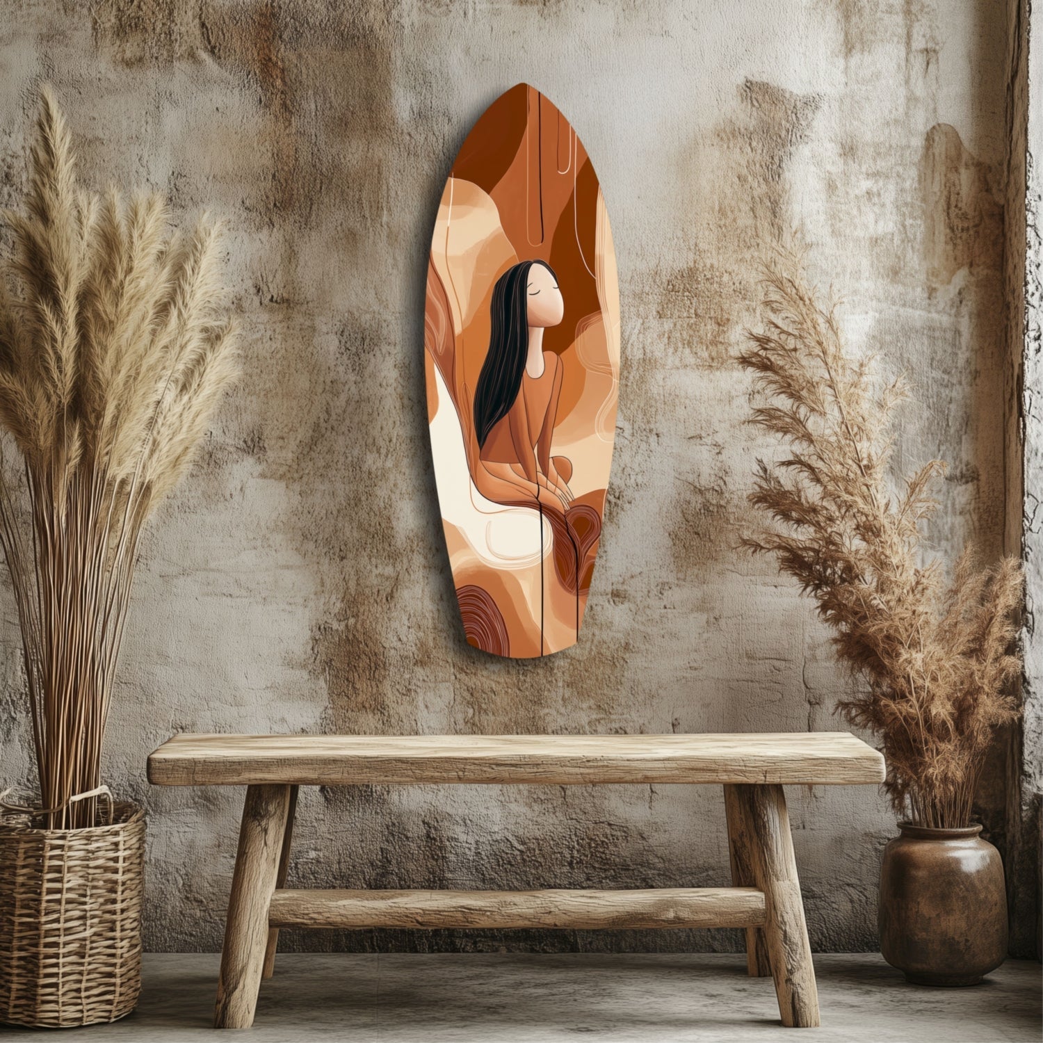 Feather-shaped glass wall art in warm terracotta and cream tones depicting a woman with dark hair, displayed above a wooden bench in a minimalist interior setting.