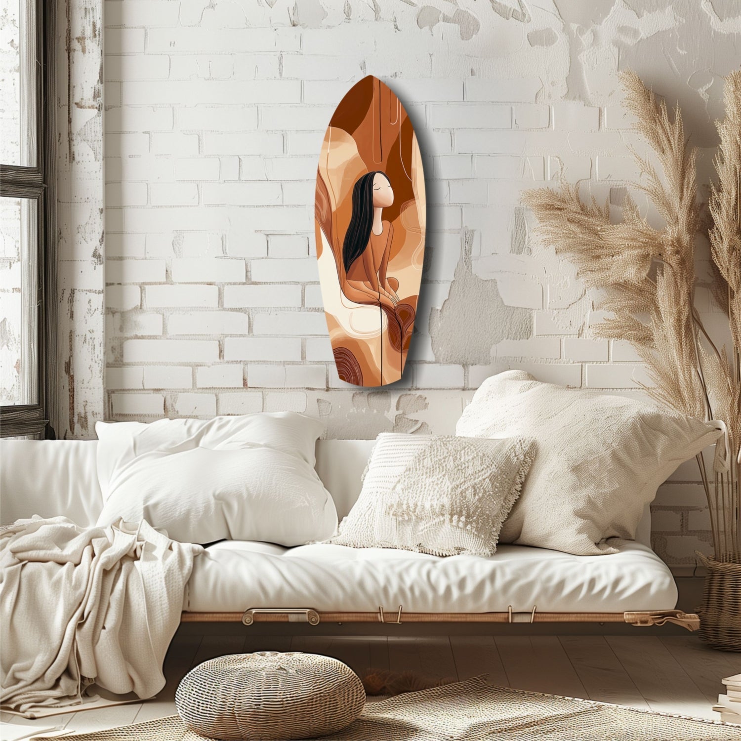 Oval glass wall art with layered paper-cut style illustration of woman with black hair in warm orange and cream tones, displayed above cream bedding in minimalist bedroom.