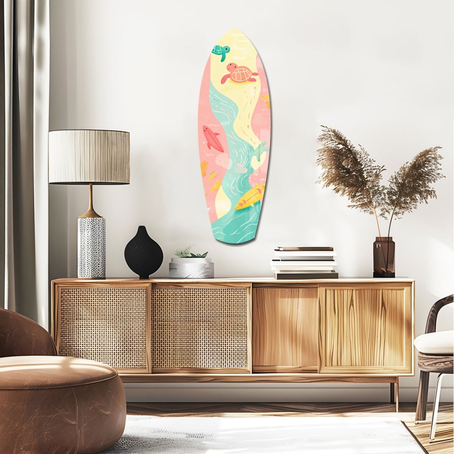 Colorful surfboard-shaped sea glass wall art displaying turtles and ocean waves in pink, yellow, and turquoise hung above wooden mid-century credenza in modern interior.