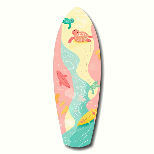 Surfboard-shaped wall art featuring illustrated sea turtles, starfish, and ocean waves in pink, turquoise, yellow, and cream colors.