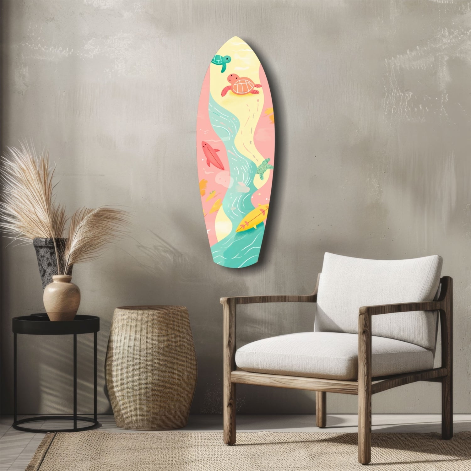 Colorful surfboard-shaped wall art with sea turtles, rays, and waves displayed above a wooden chair in a minimalist room setting.