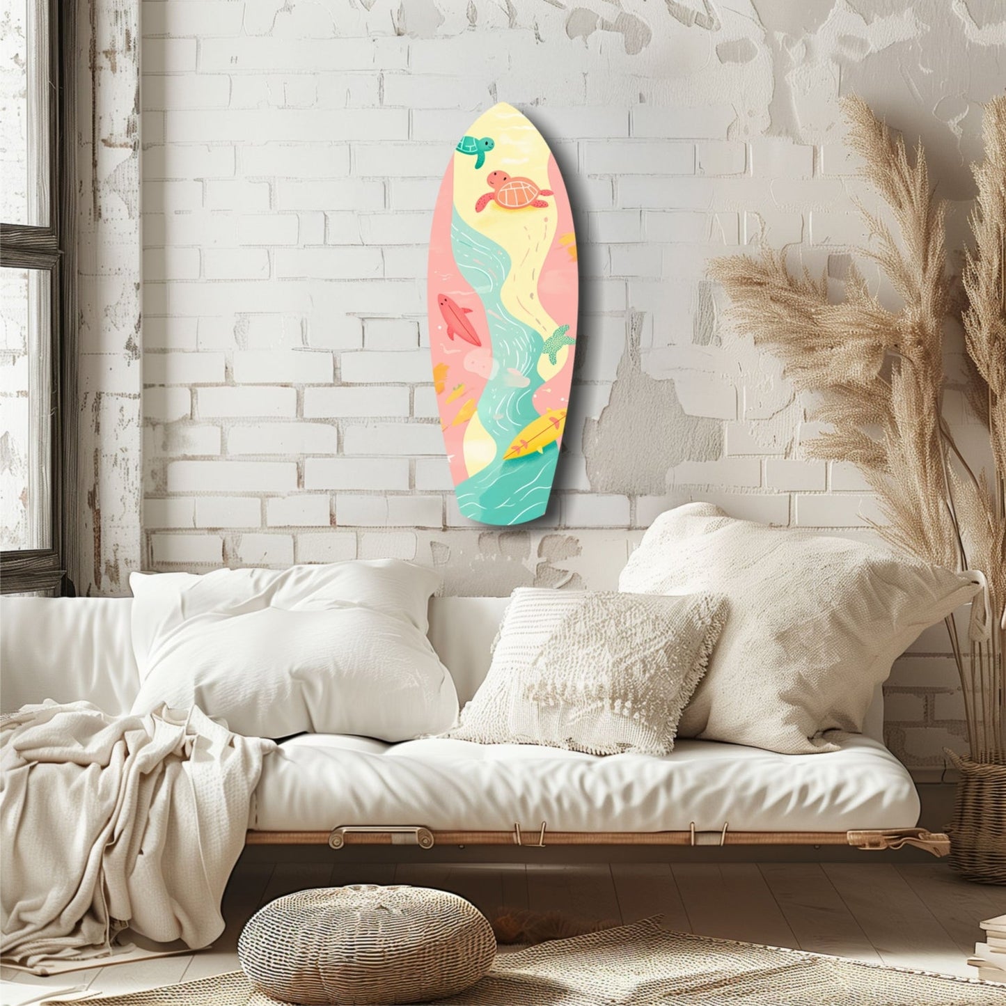 Colorful surfboard-shaped wall art with sea turtles and tropical fish displayed above a cream linen sofa in a bright bedroom.