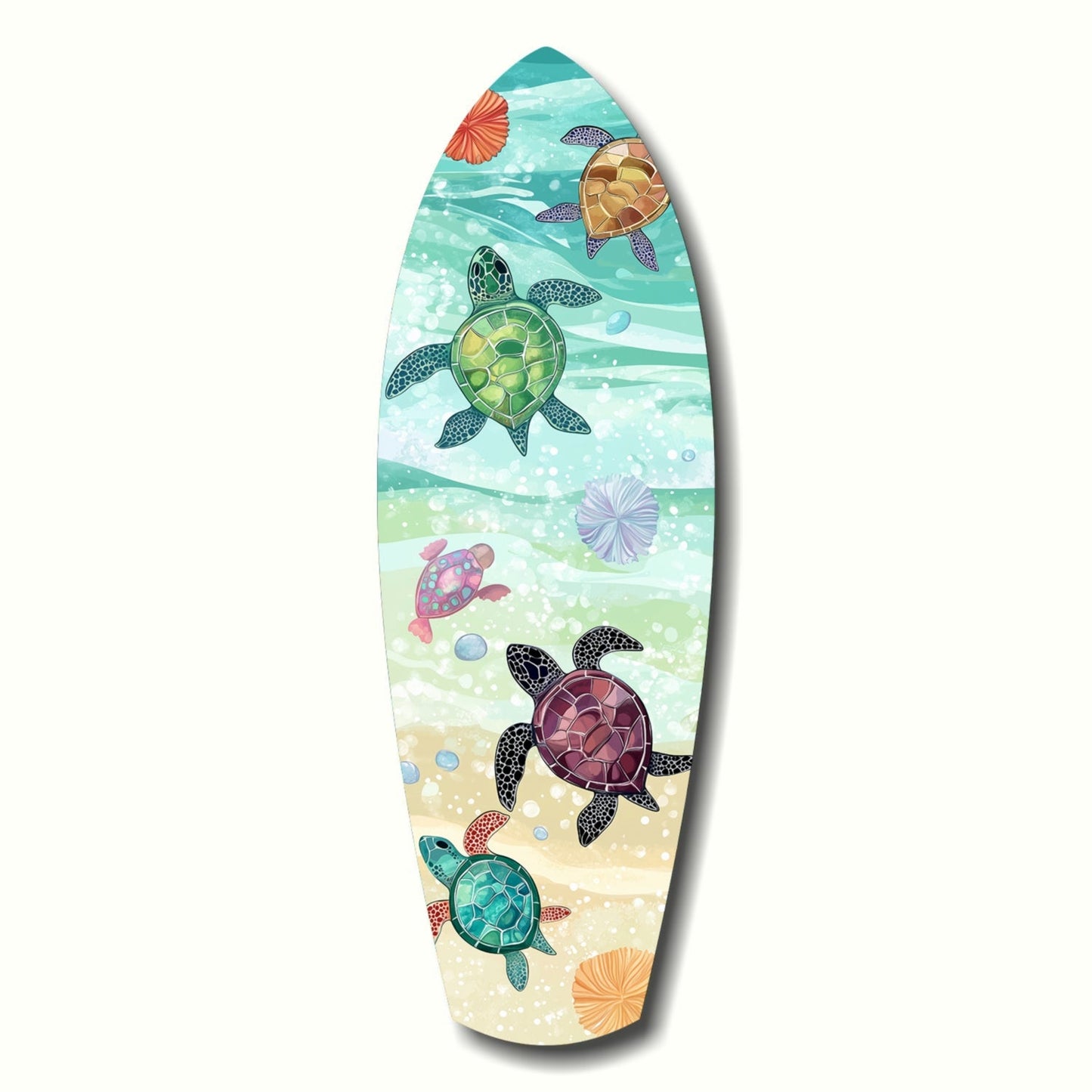 Surfboard Shaped Baby Turtles Glass Wall Art
