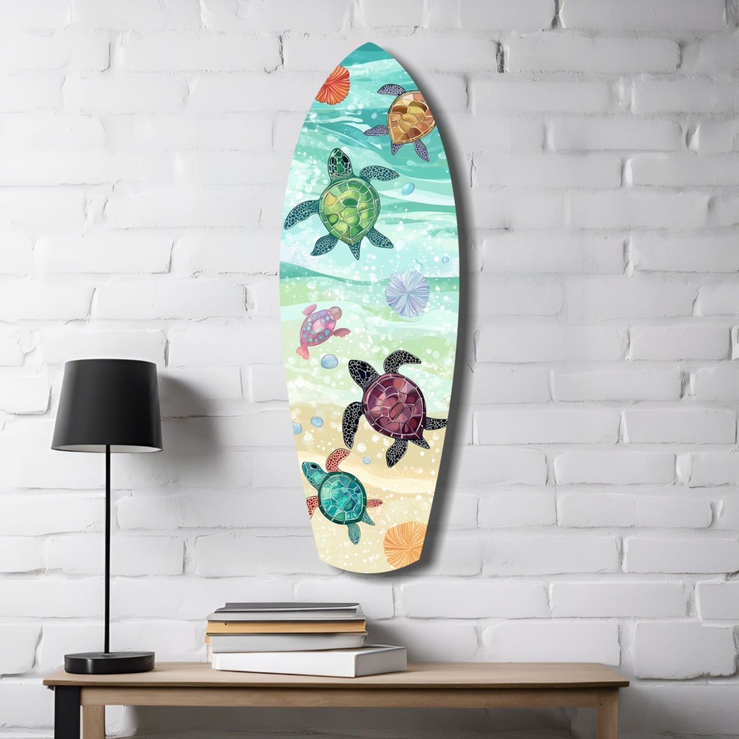Surfboard Shaped Baby Turtles Glass Wall Art
