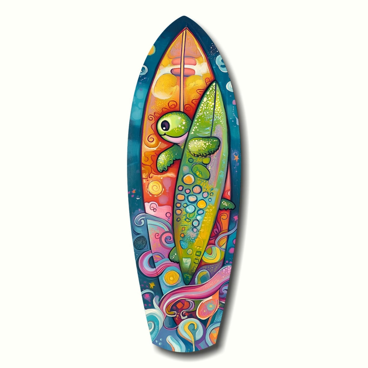 Colorful surfboard-shaped glass art featuring a green sea turtle with vibrant orange, yellow, and teal decorative patterns on dark blue background.