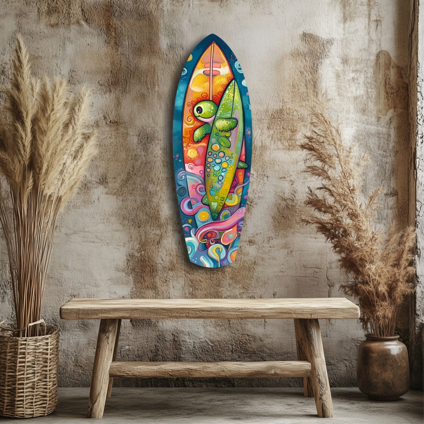 Colorful surfboard-shaped glass wall art with sea turtle and abstract designs displayed above wooden bench in rustic interior setting.