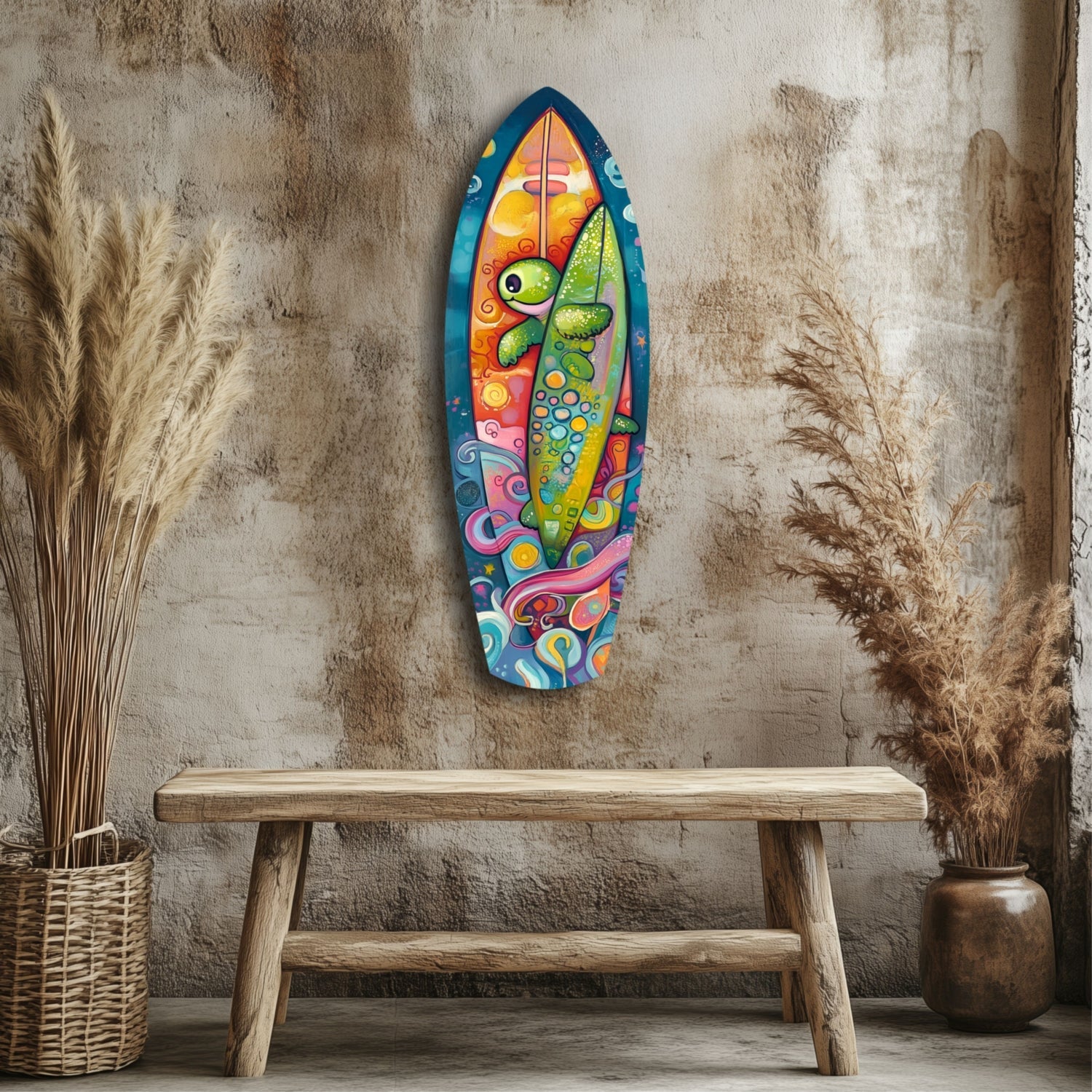 Colorful surfboard-shaped glass wall art with sea turtle and abstract designs displayed above wooden bench in rustic interior setting.