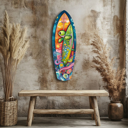 Colorful surfboard-shaped glass wall art with sea turtle and abstract designs displayed above wooden bench in rustic interior setting.