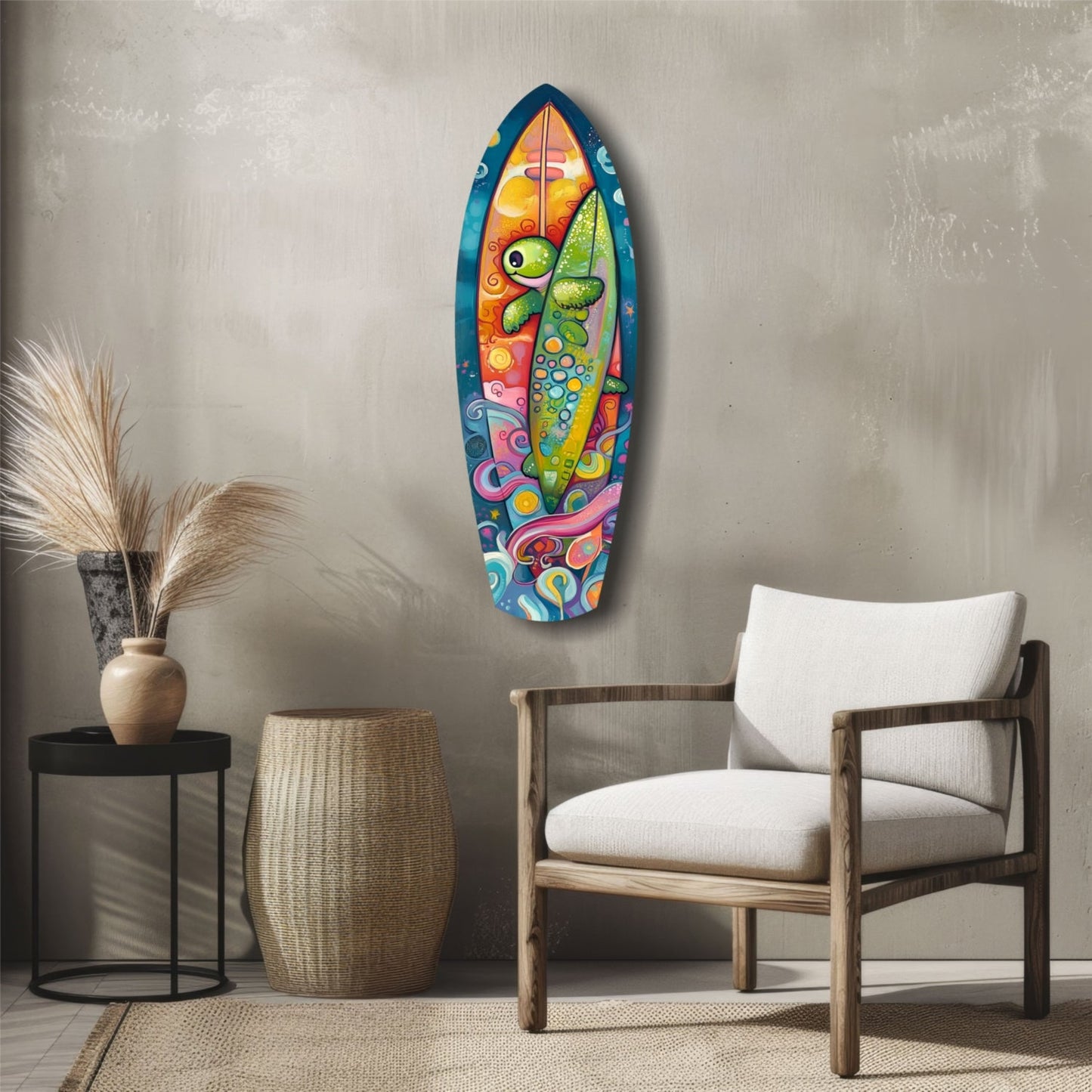 Colorful surfer caretta glass wall art displayed above a wooden chair in a minimalist interior setting with neutral tones.