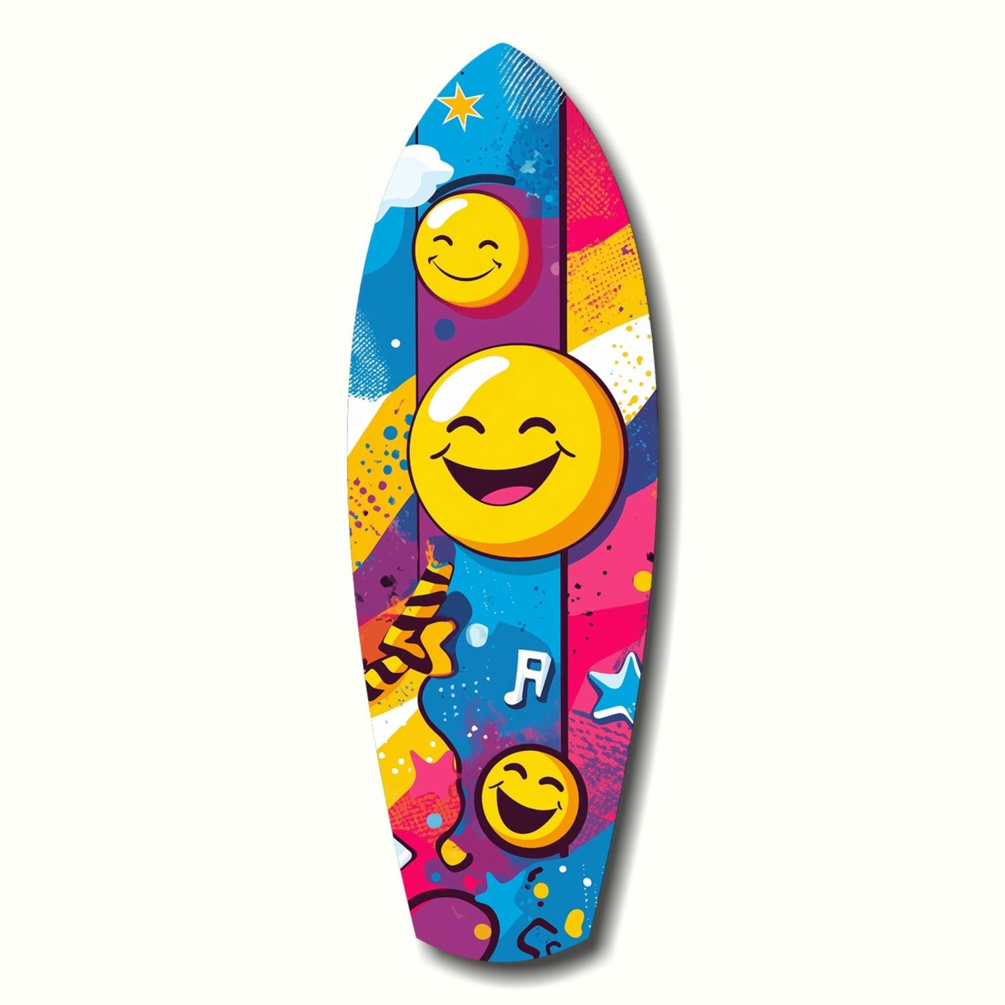 Colorful surfboard-shaped glass art featuring three yellow smiling emoji faces against vibrant blue, pink, and yellow patterned background with stars and musical notes.