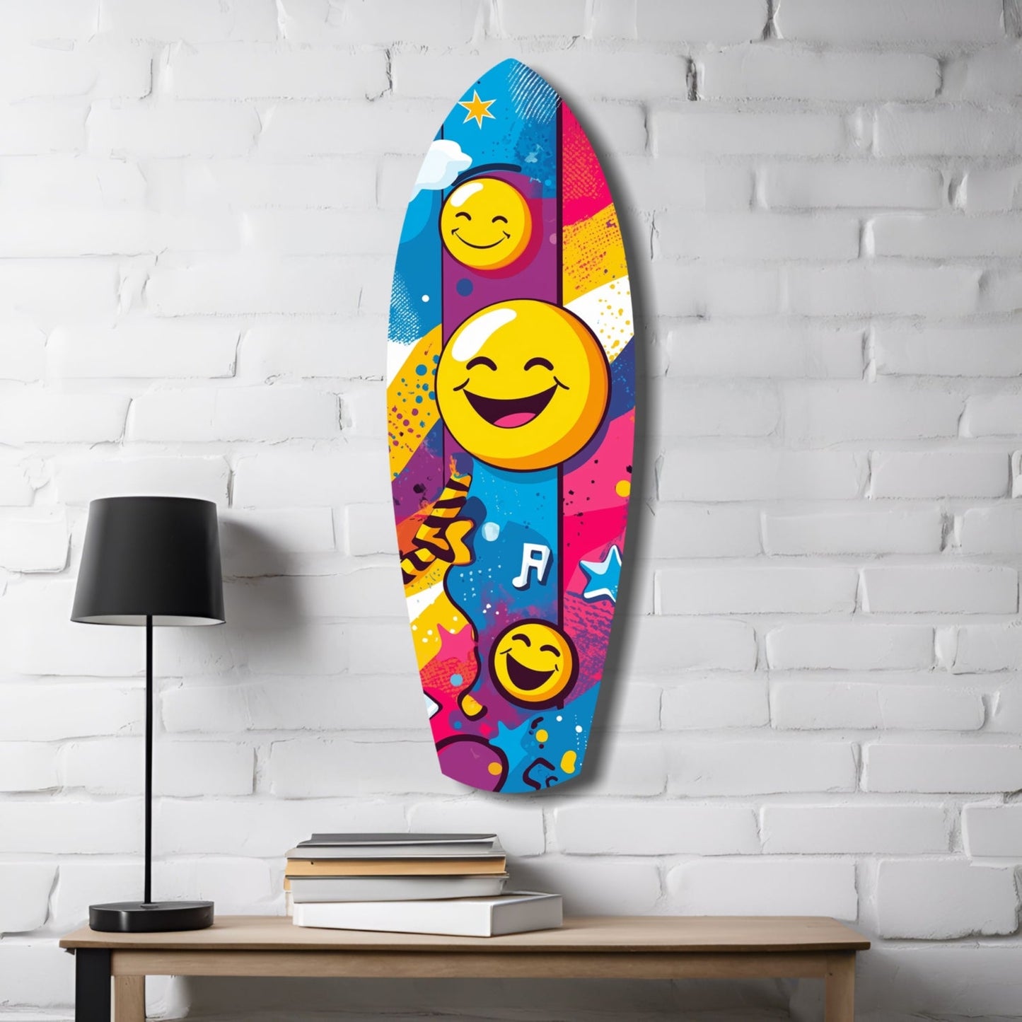 Colorful smiley face glass wall art hanging on white brick wall above wooden table with lamp and books.