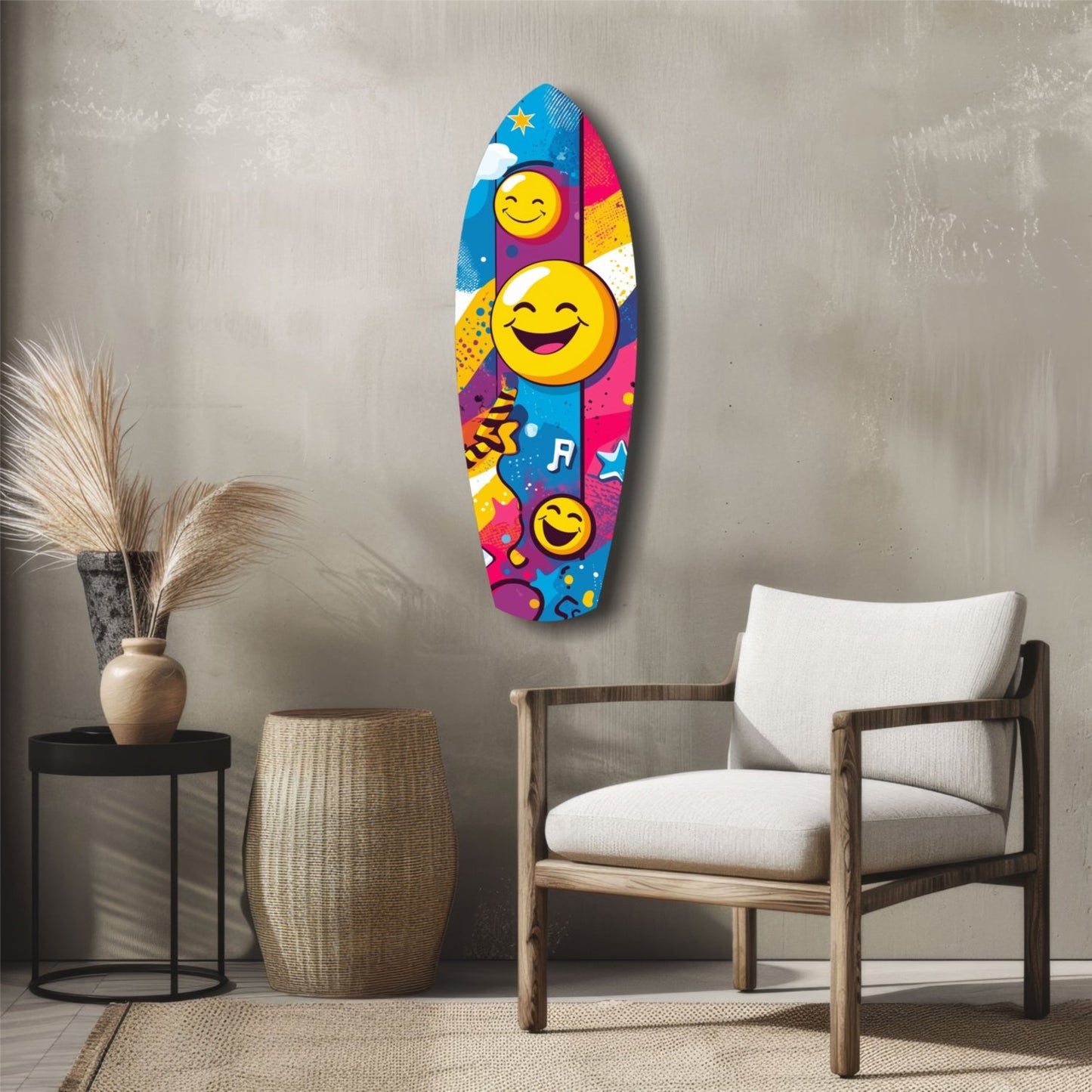 Colorful smiley face glass wall art displayed above a wooden chair in a minimalist interior setting with neutral tones.