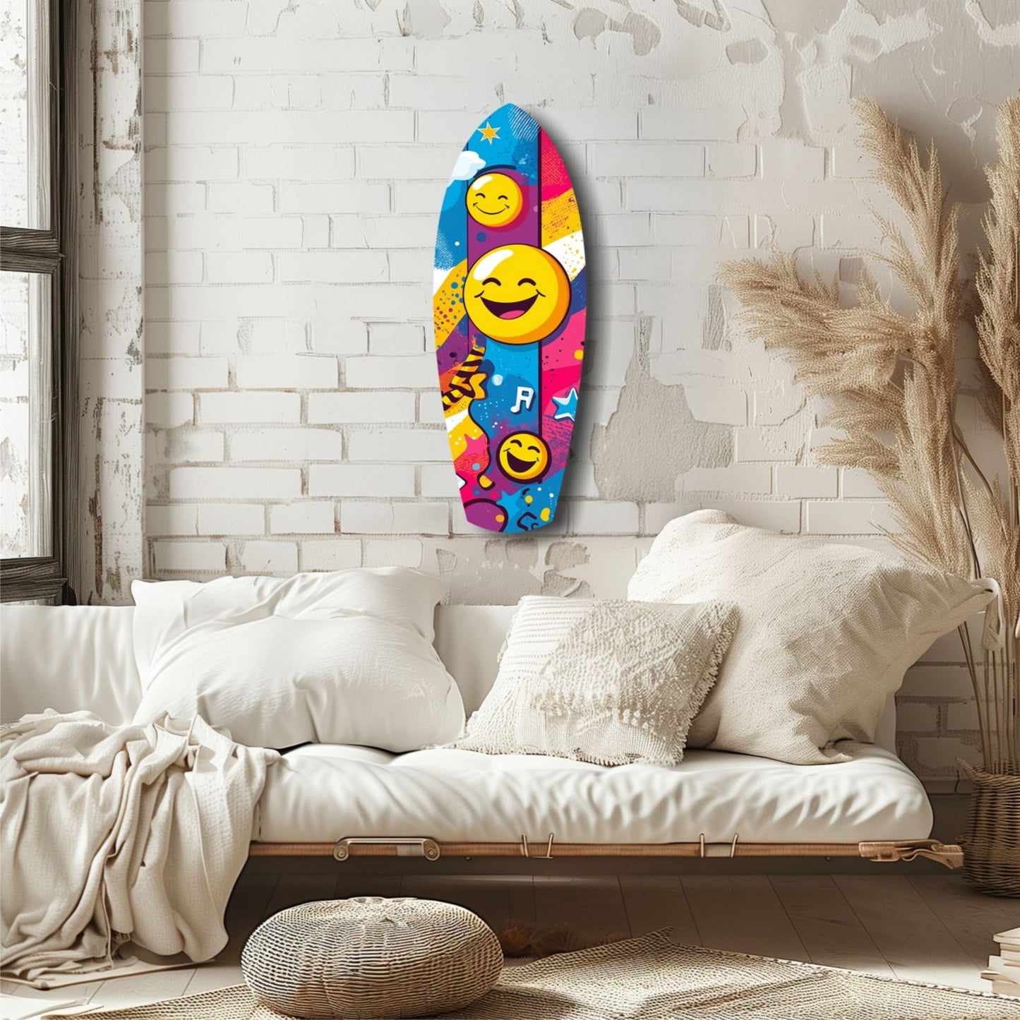 Colorful smiley face glass wall art hanging above a cream bedframe against a white brick wall in a bedroom setting.
