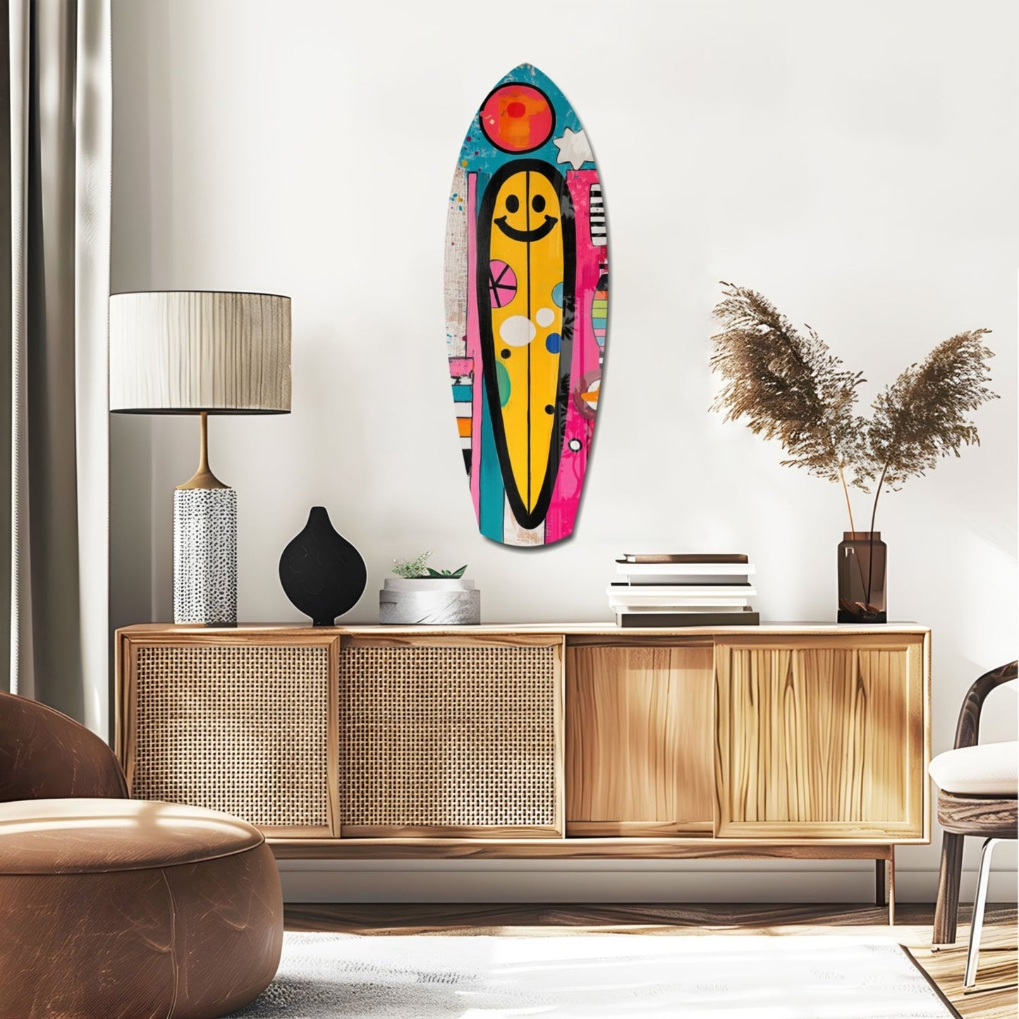 Colorful glass surfboard wall art with yellow smiley face and pink, teal accents displayed above mid-century wooden credenza in modern living room.