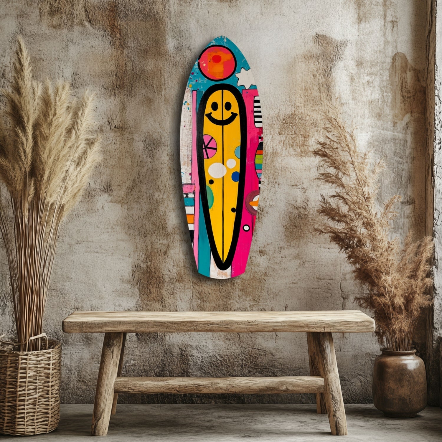 Colorful smiley surfboard glass wall art hanging above wooden bench, flanked by dried pampas grass in natural interior setting.