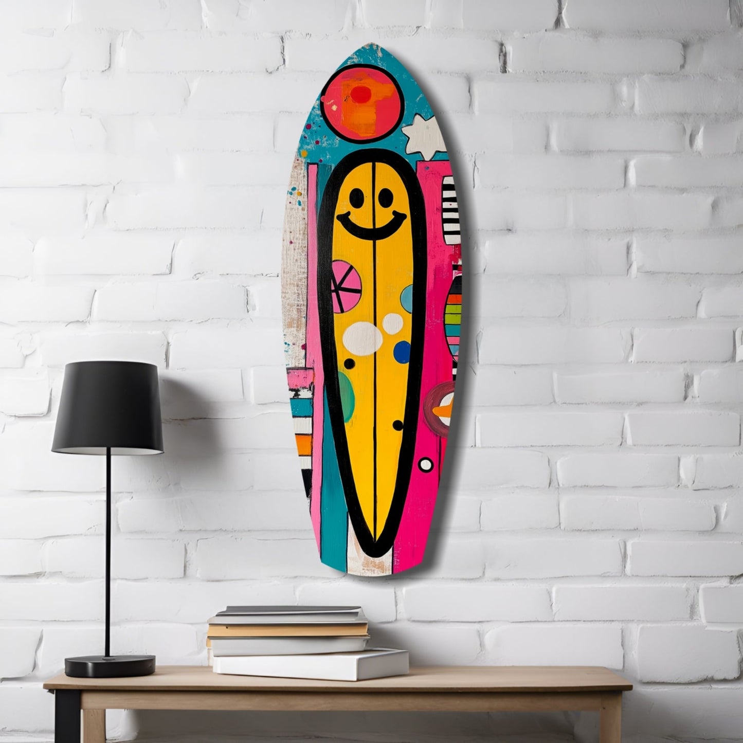 Colorful surfboard-shaped glass wall art with yellow smiley face and geometric patterns displayed on white brick wall above wooden table with lamp and books.