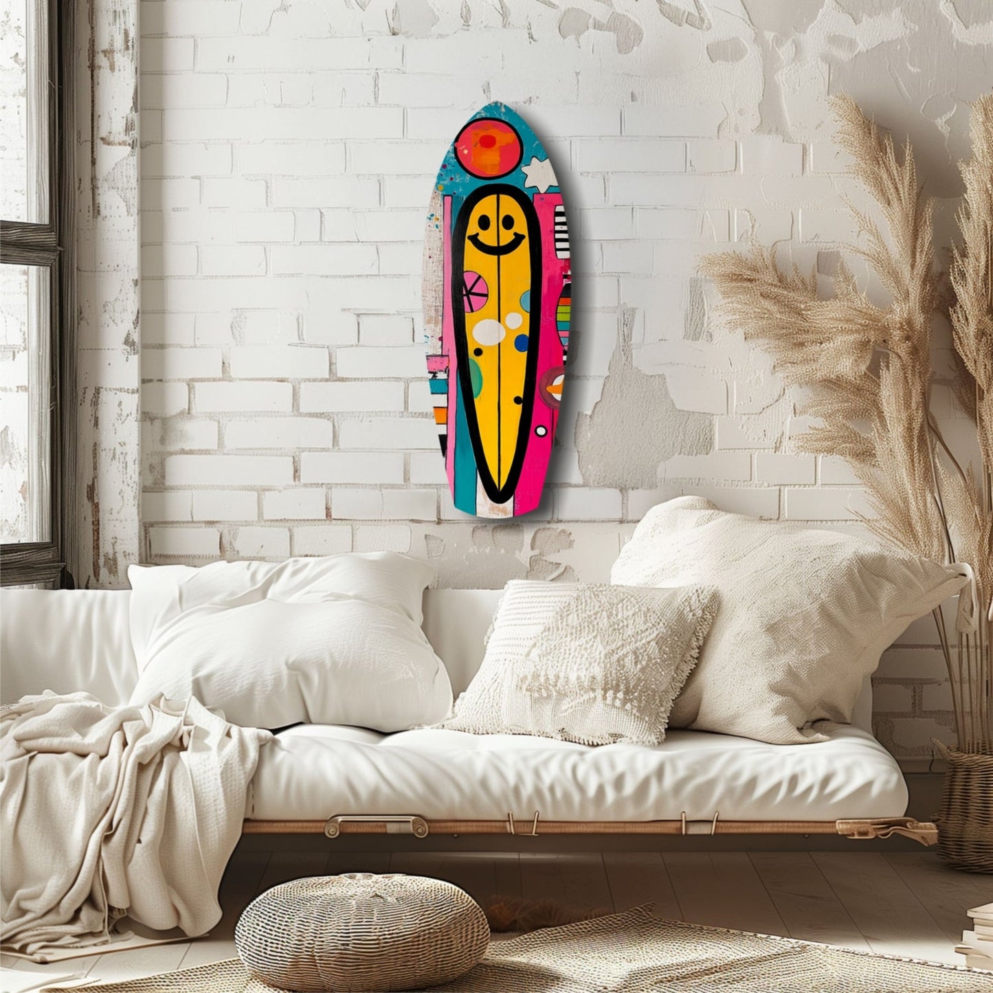 Colorful smiley surfboard glass wall art hung above a cream bedframe in a minimalist bedroom with white brick walls.