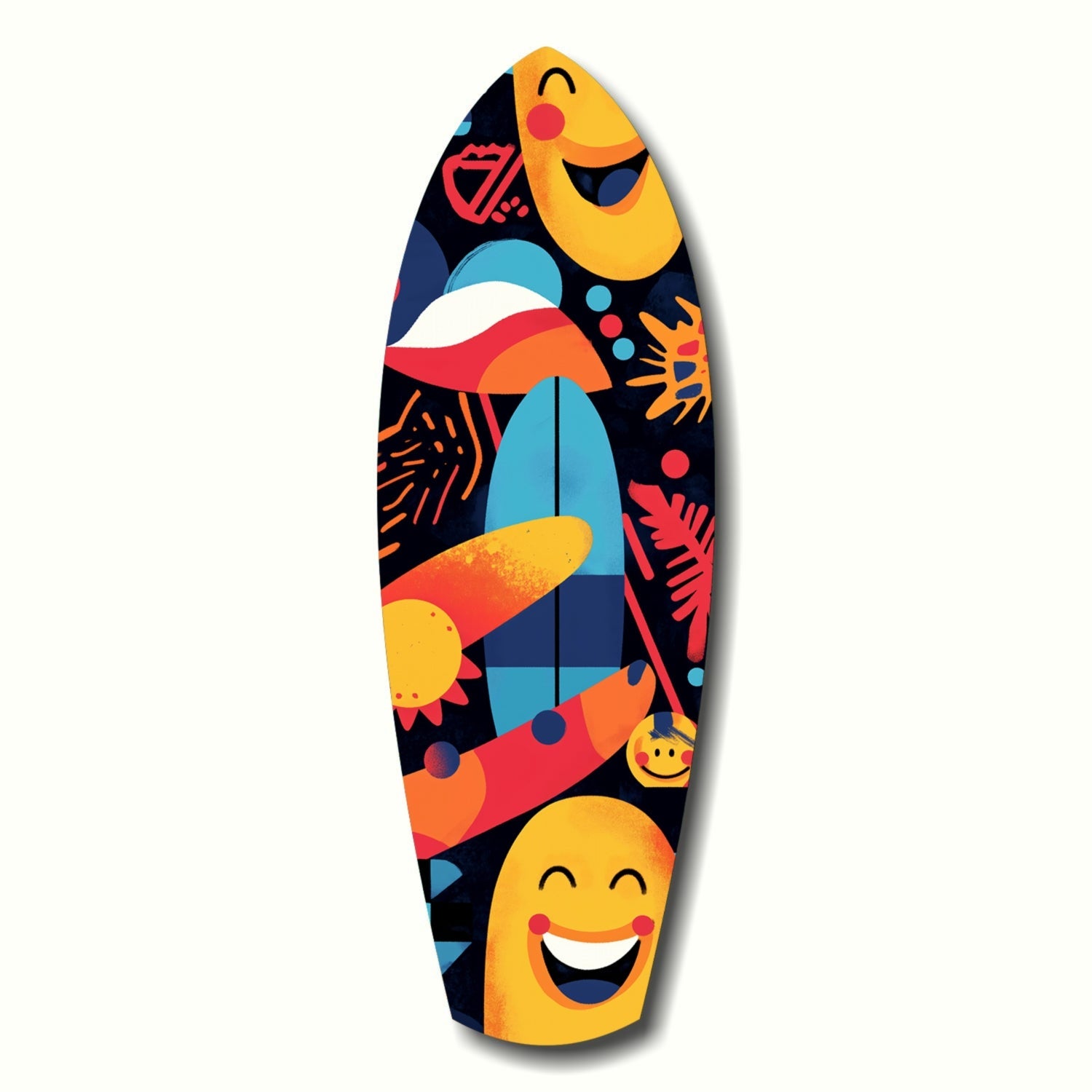 Colorful surfboard-shaped glass wall art featuring vibrant yellow smiley faces, red and orange waves, blue geometric shapes, and tropical elements on black background.