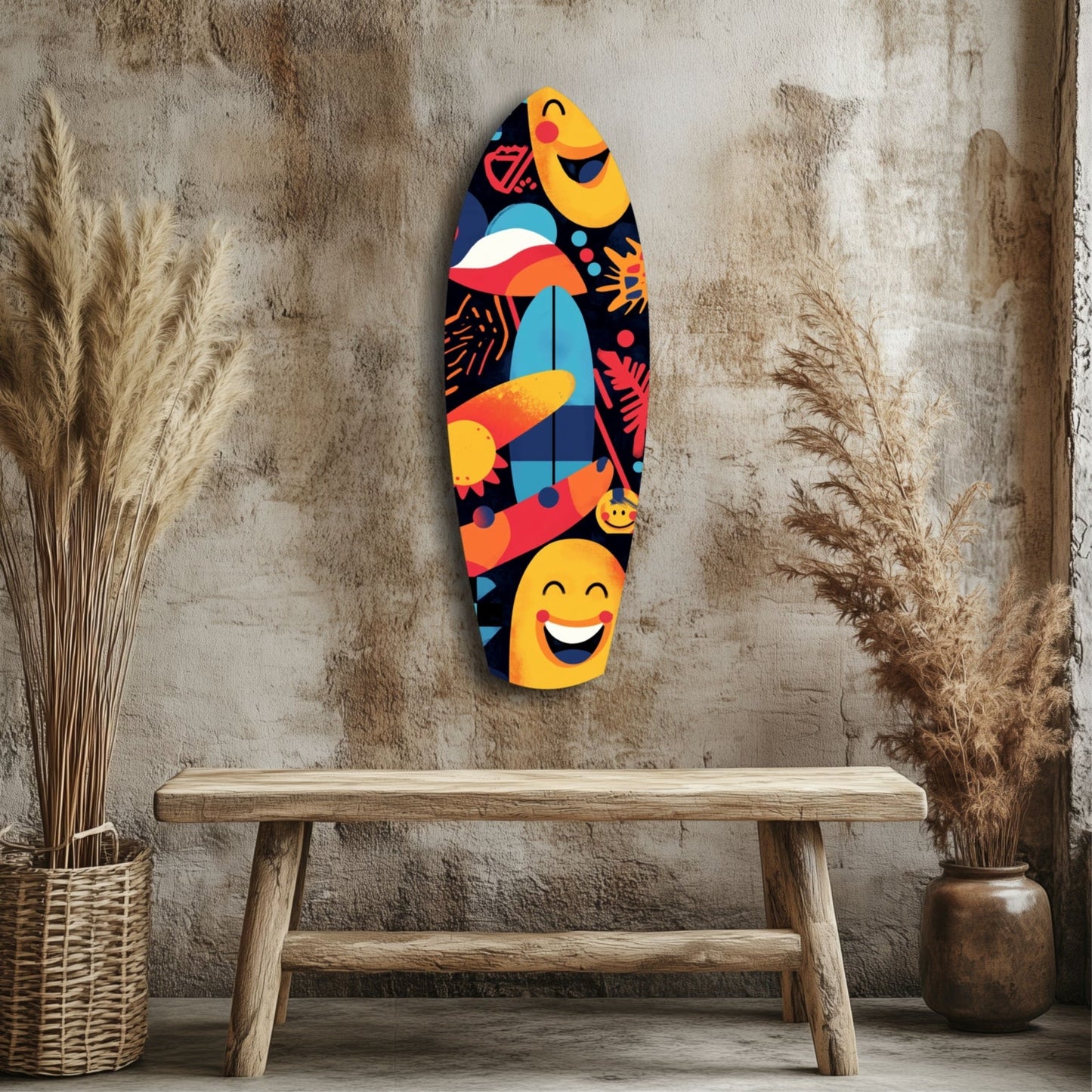 Colorful surfboard-shaped glass wall art with smiling faces and abstract patterns displayed on textured wall above wooden bench with dried grasses.