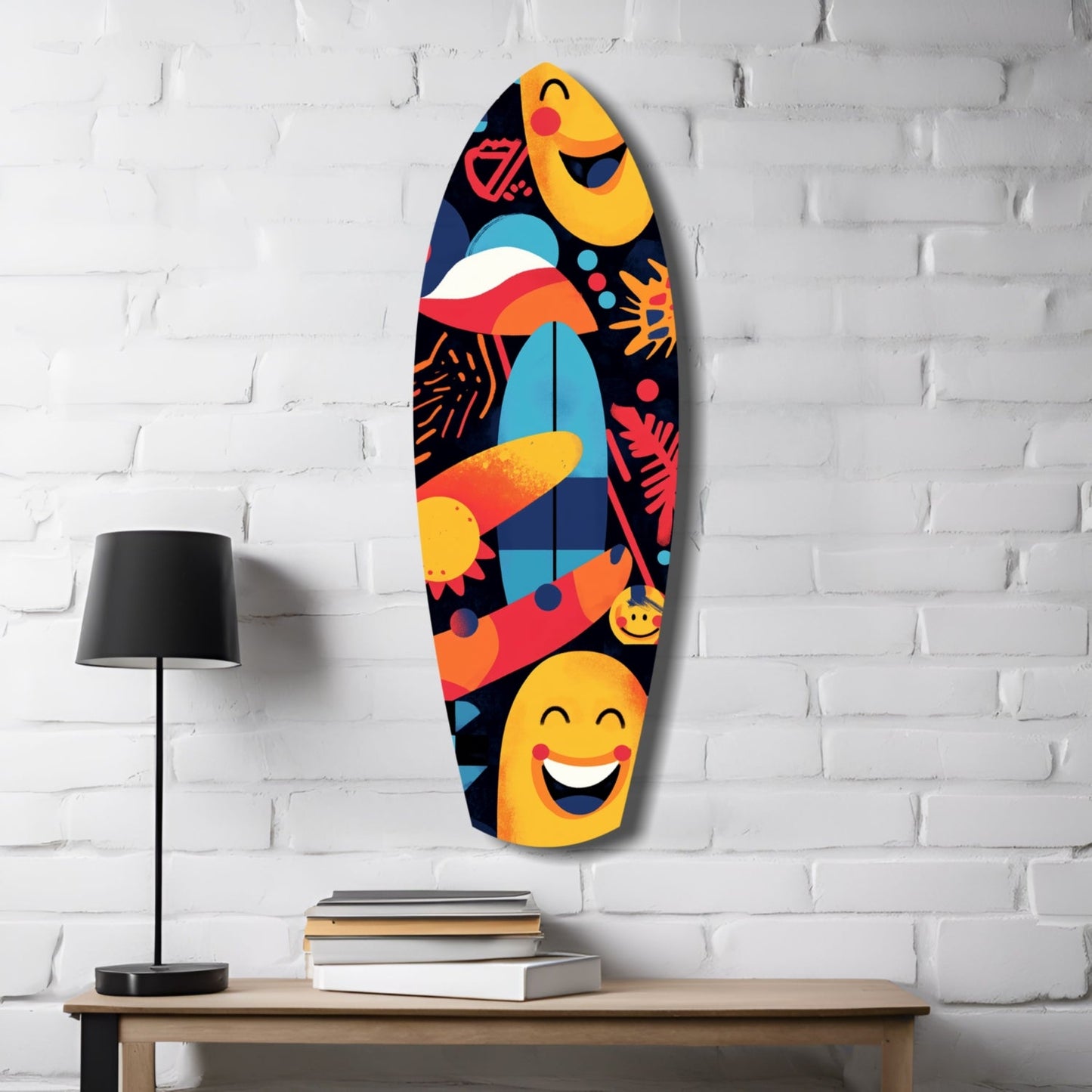 Colorful surfboard-shaped glass wall art with yellow smiling faces, geometric patterns, and vibrant orange, red, and blue designs displayed on white brick wall above wooden desk with lamp and books.