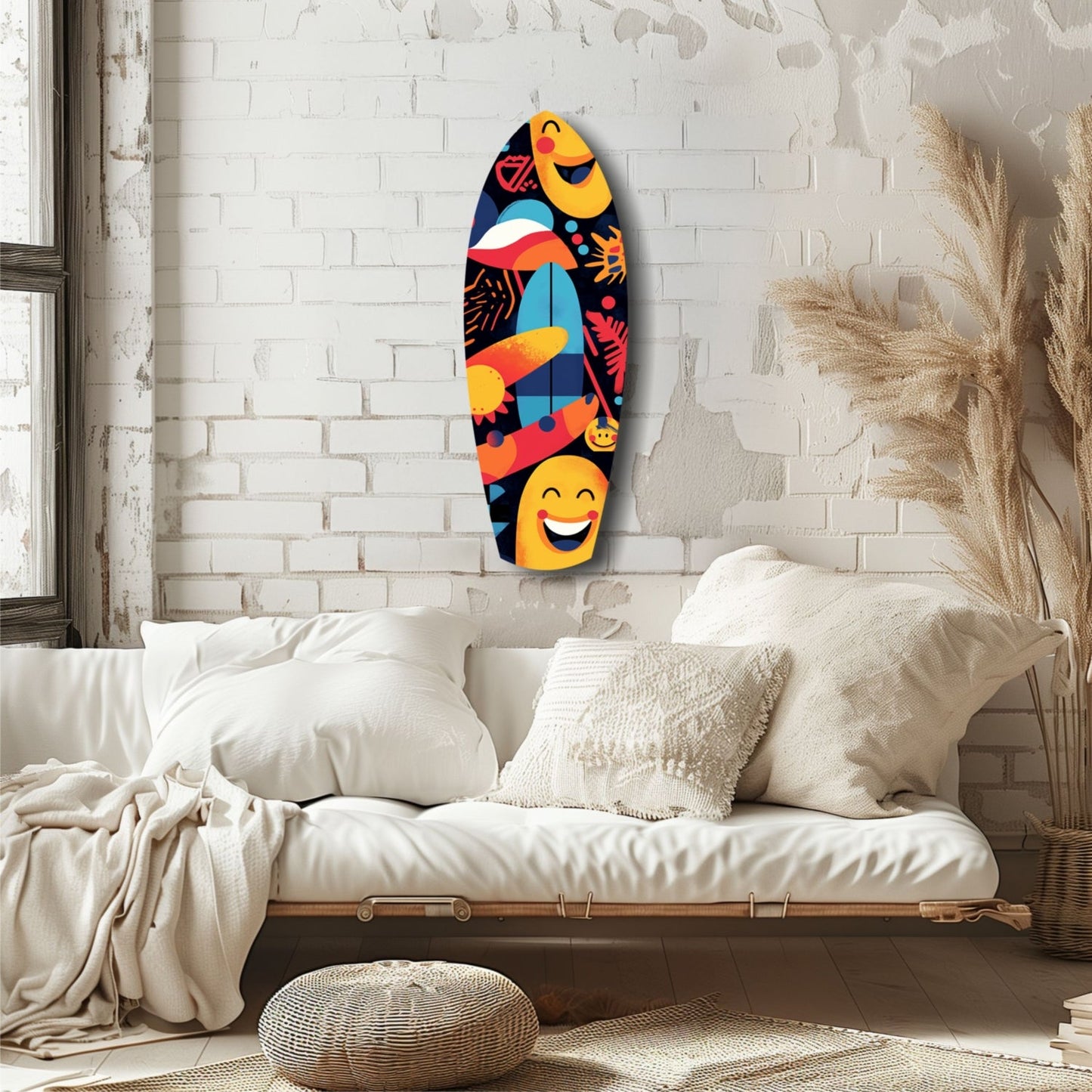 Colorful glass surfboard wall art with yellow smiling faces and tropical designs displayed above a white bedside bench in a minimalist bedroom.