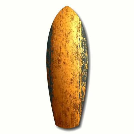 Vertical oval glass wall art with golden yellow surface displaying weathered copper and teal patina streaks, shown against white background.