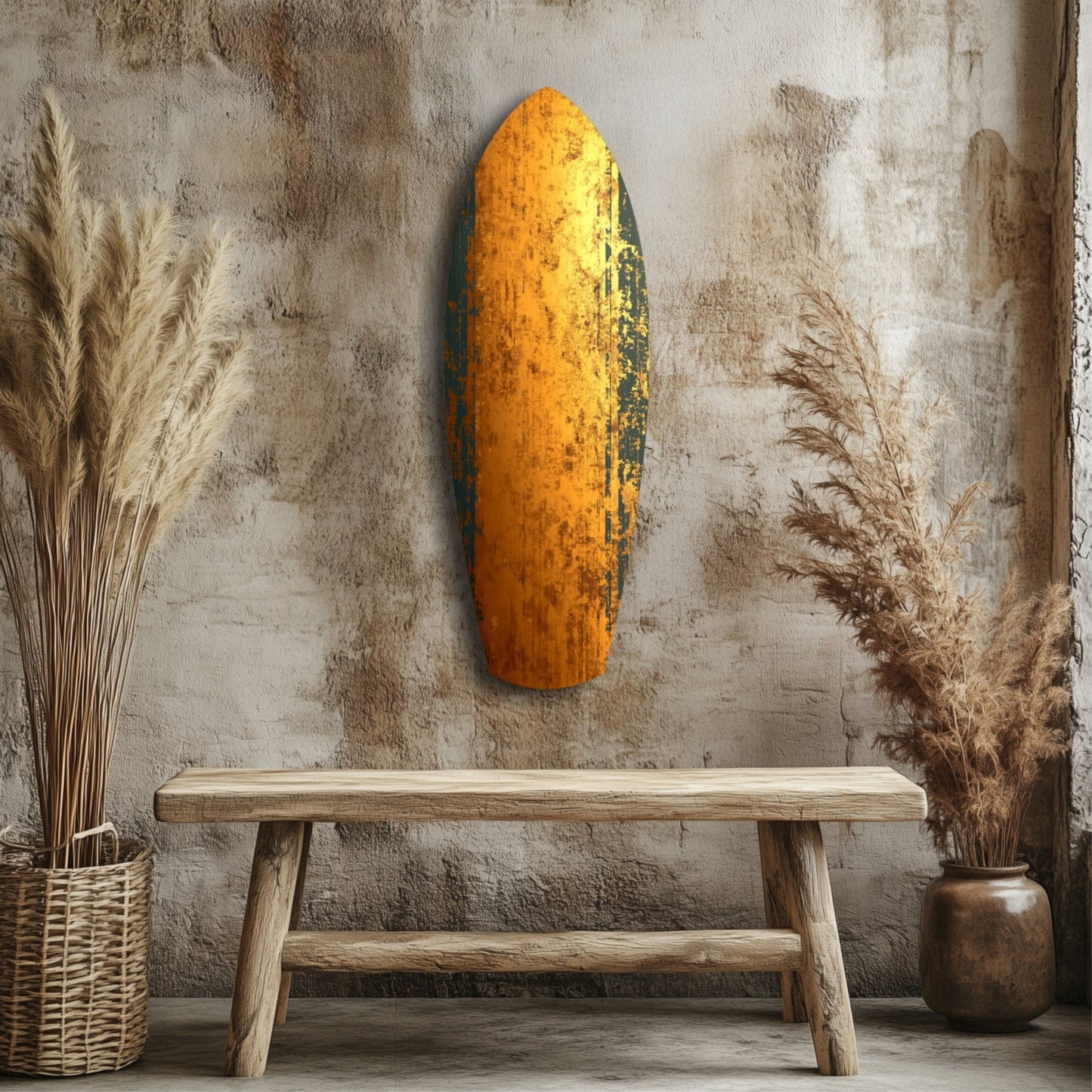 Golden Plate Glass Wall Art in orange and black displayed on rustic textured wall above wooden bench with dried grasses.