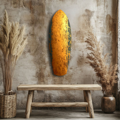 Golden Plate Glass Wall Art in orange and black displayed on rustic textured wall above wooden bench with dried grasses.
