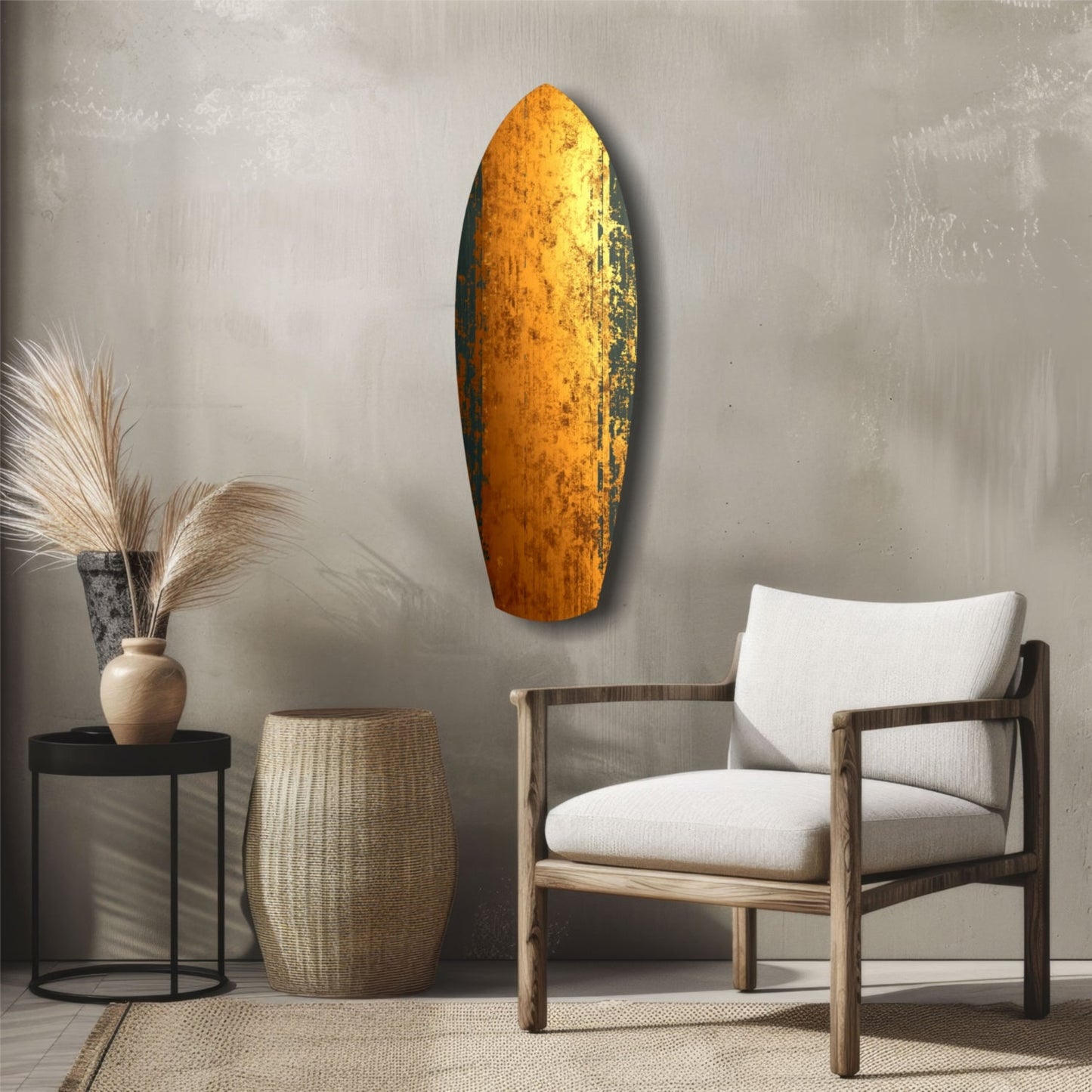 Golden amber glass wall art panel displayed vertically on neutral wall above wooden chair and woven accessories.