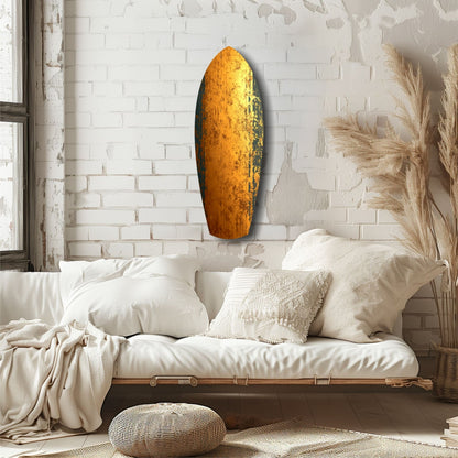 Golden Plate Glass Wall Art hanging above a cream upholstered daybed in a minimalist bedroom with white brick walls.