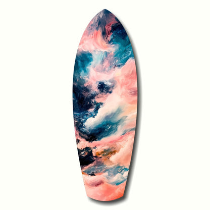 Surfboard-shaped glass art with abstract swirled patterns in pink, teal, navy, and white, displayed against white background.