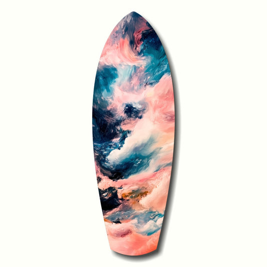 Surfboard-shaped glass art with abstract swirled patterns in pink, teal, navy, and white, displayed against white background.