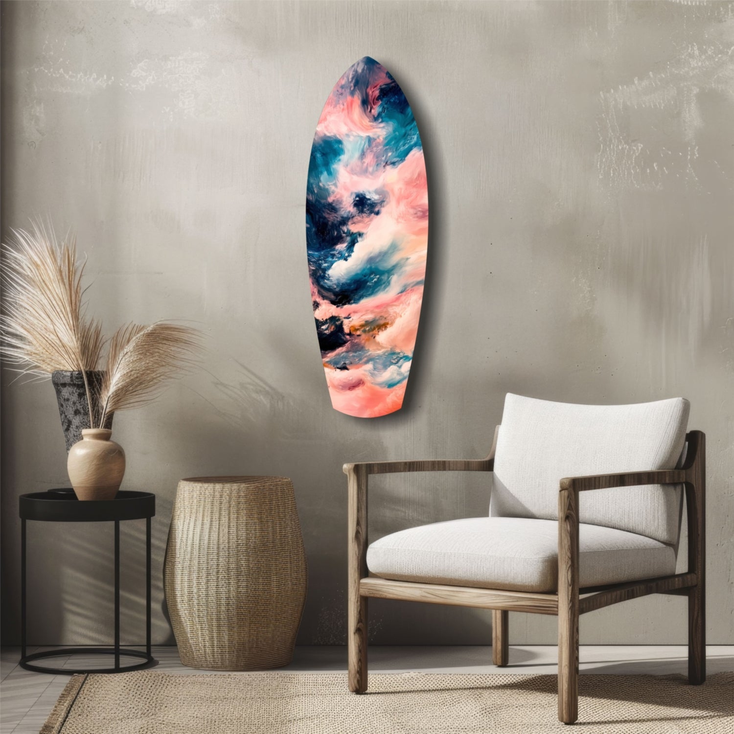 Elongated surfboard-shaped glass wall art displaying abstract swirled patterns in coral pink, teal blue, and cream, mounted above a wooden chair in a minimalist interior setting.