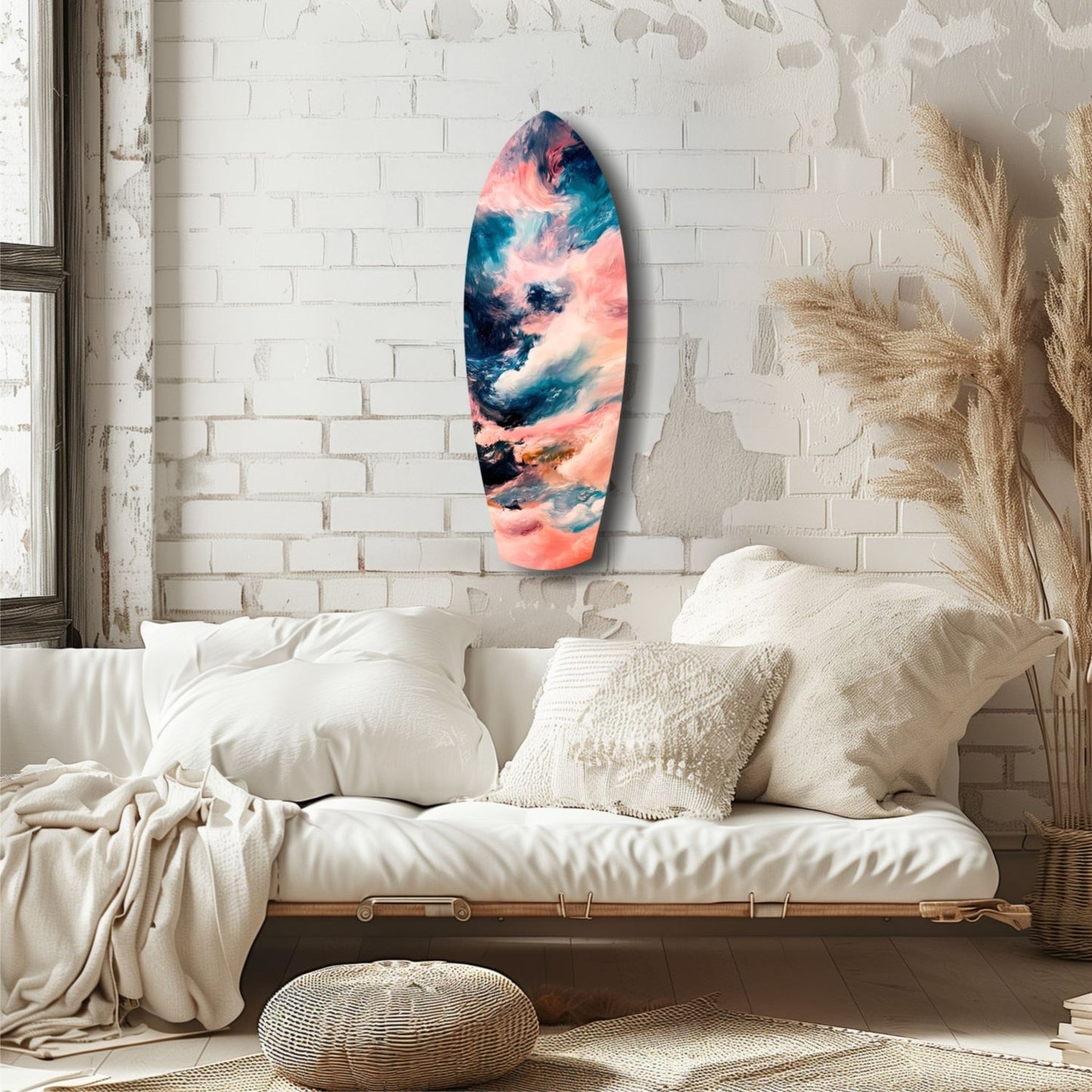 Surfboard-shaped glass art with pink, blue, and teal cloud patterns displayed on white brick wall above cream bedding.