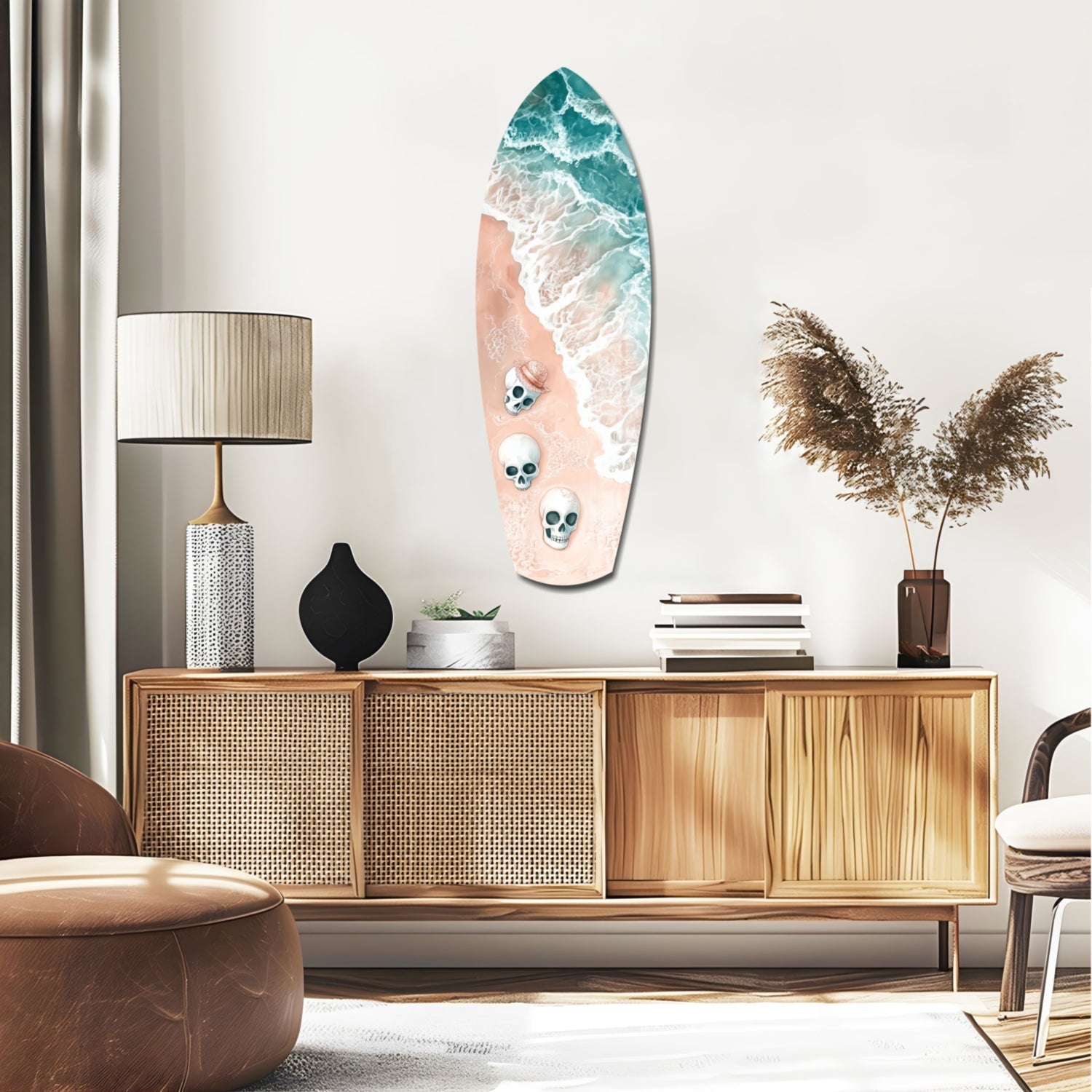 Surfboard-shaped wall art with aerial beach scene featuring turquoise waves, sandy shore, and three skull designs displayed above wooden mid-century credenza.