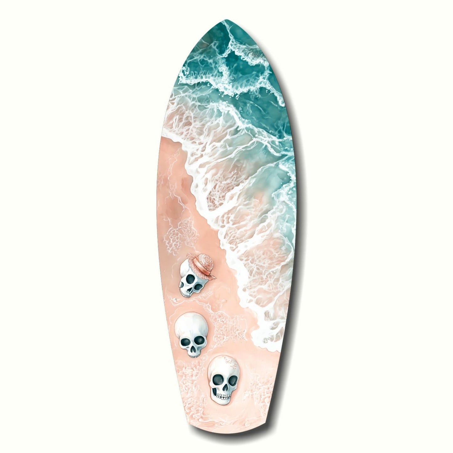 Surfboard-shaped glass art featuring aerial ocean waves in teal and white with sandy beach in peach tones and three skull decorations down the center.