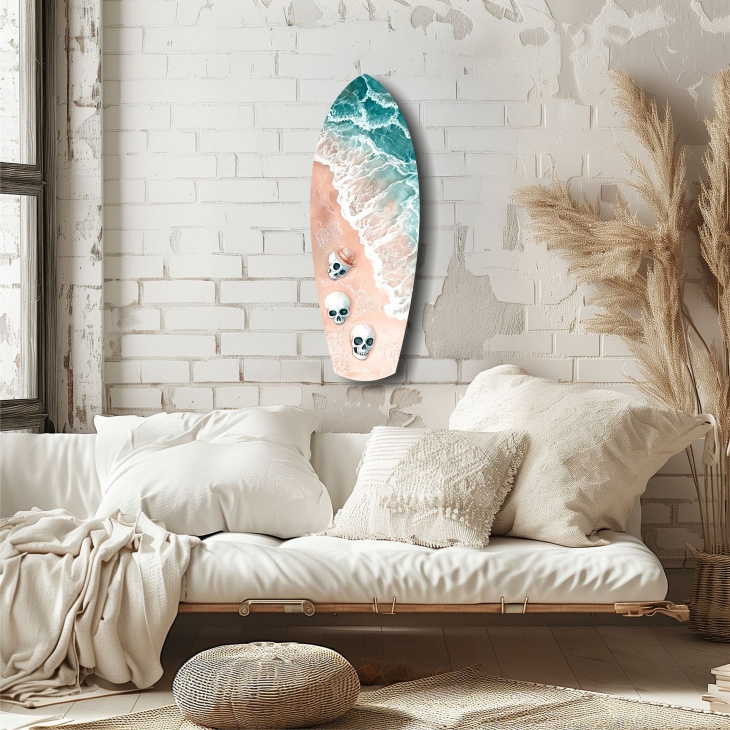 Surfboard-shaped wall art with turquoise ocean waves and coral sand beach featuring three skull designs, displayed above a cream bedding setup.