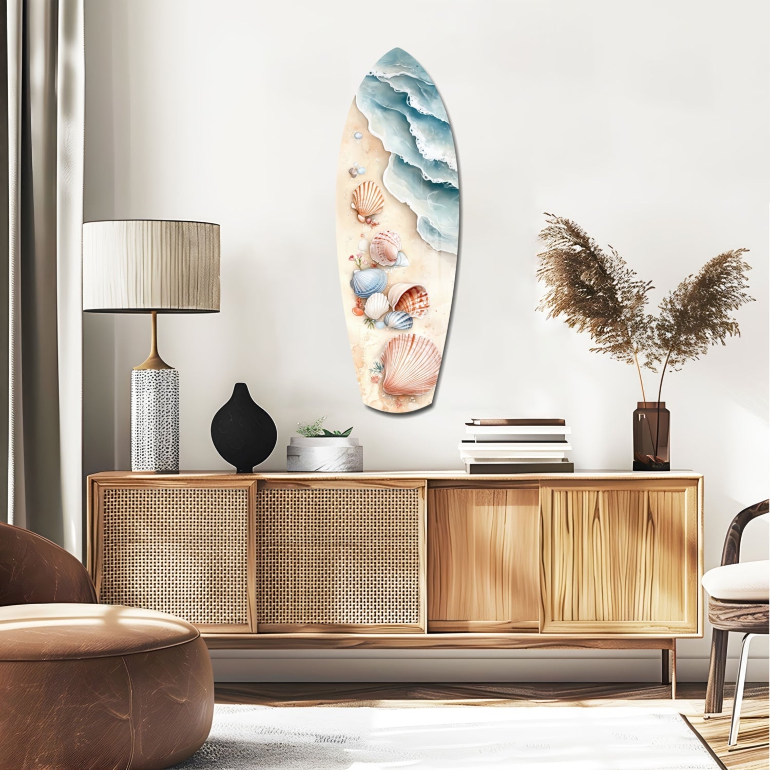 Shoreline Treasures glass wall art displayed above wooden credenza, featuring layered blue waves and seashell designs in cream, coral, and blue tones.