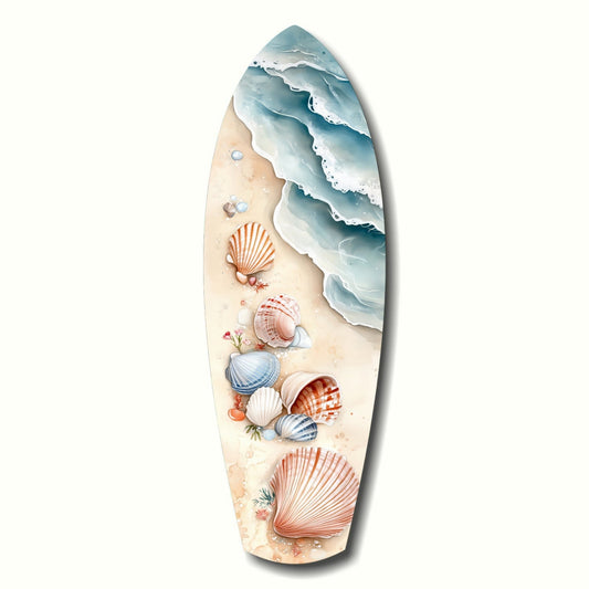 Surfboard-shaped glass wall art featuring layered ocean waves at top, sandy beach with scattered seashells in coral, pink, and blue tones.
