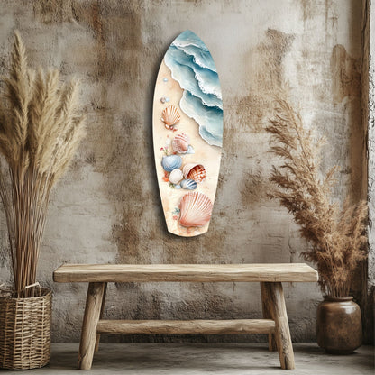 Oval glass wall art depicting layered ocean waves and seashells in blue and coral tones, displayed above a wooden bench against a textured wall.