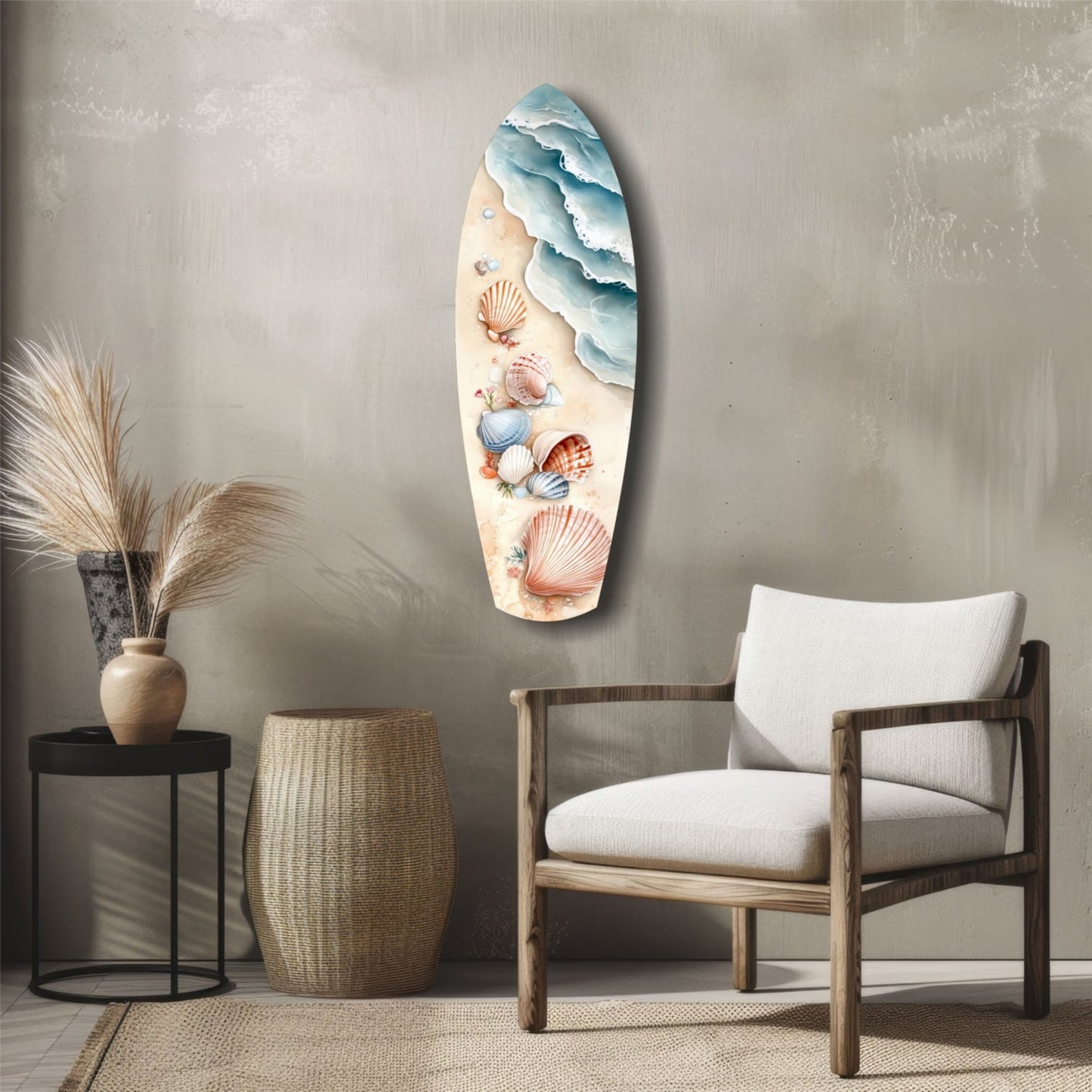 Surfboard-shaped glass wall art with layered blue waves at top and colorful seashells on cream background, displayed above wooden chair in coastal room setting.